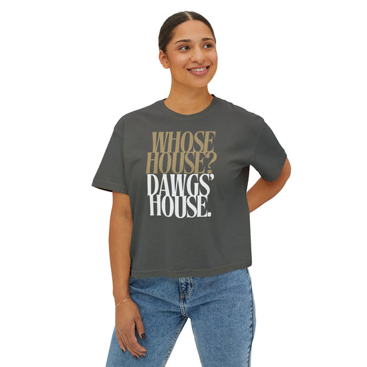 Women's Boxy Tee - Whose House? Dawgs' House - Casual Comfort, Game Day Tee, College Apparel, Sportswear, Gift for Fans