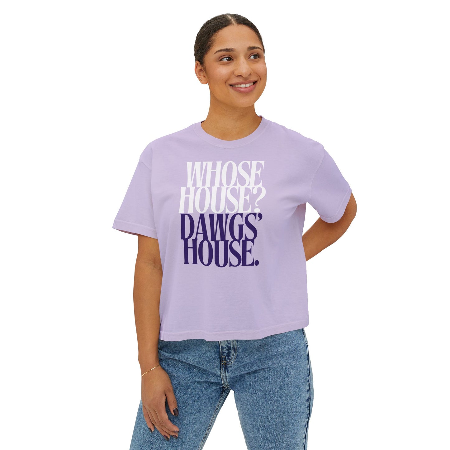 Women's Boxy Tee - Whose House? Dawgs' House - Casual Comfort, Game Day Tee, College Apparel, Sportswear, Gift for Fans