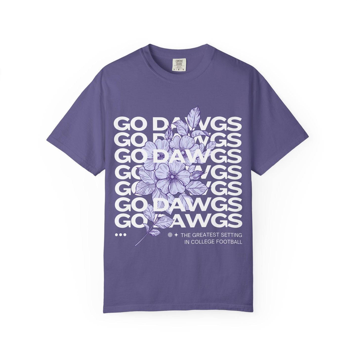 Purple t-shirt with floral design and text on a white background