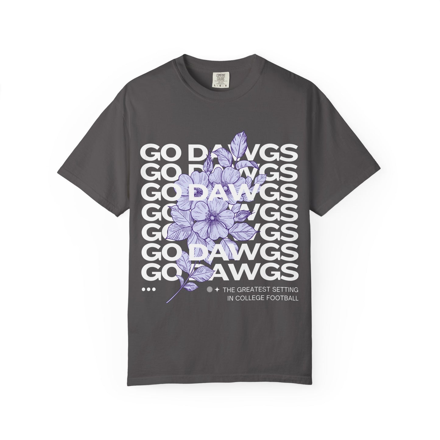 Gray t-shirt with purple floral design and 'GO DAWGS' text on a white background