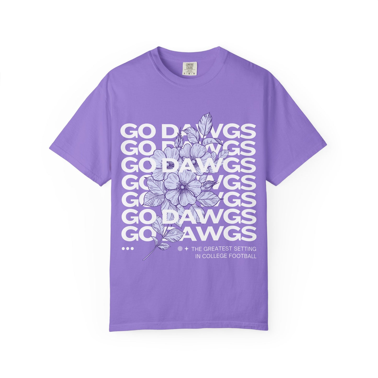 Purple t-shirt with floral design and 'GO DAWGS' text on a white background