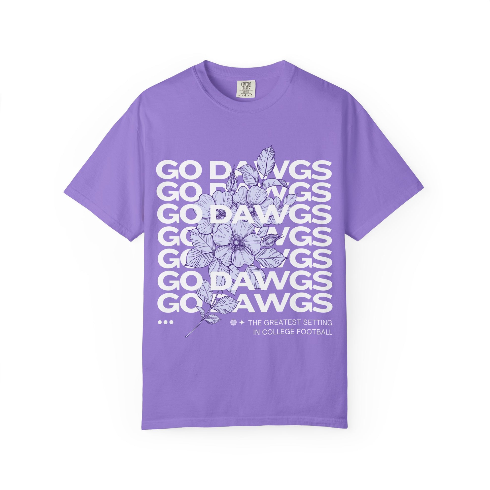 Purple t-shirt with floral design and 'GO DAWGS' text on a white background