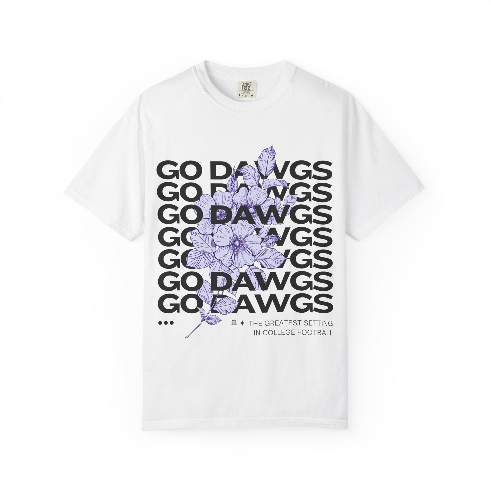 White t-shirt with purple floral design and 'GO DAWGS' text on a white background