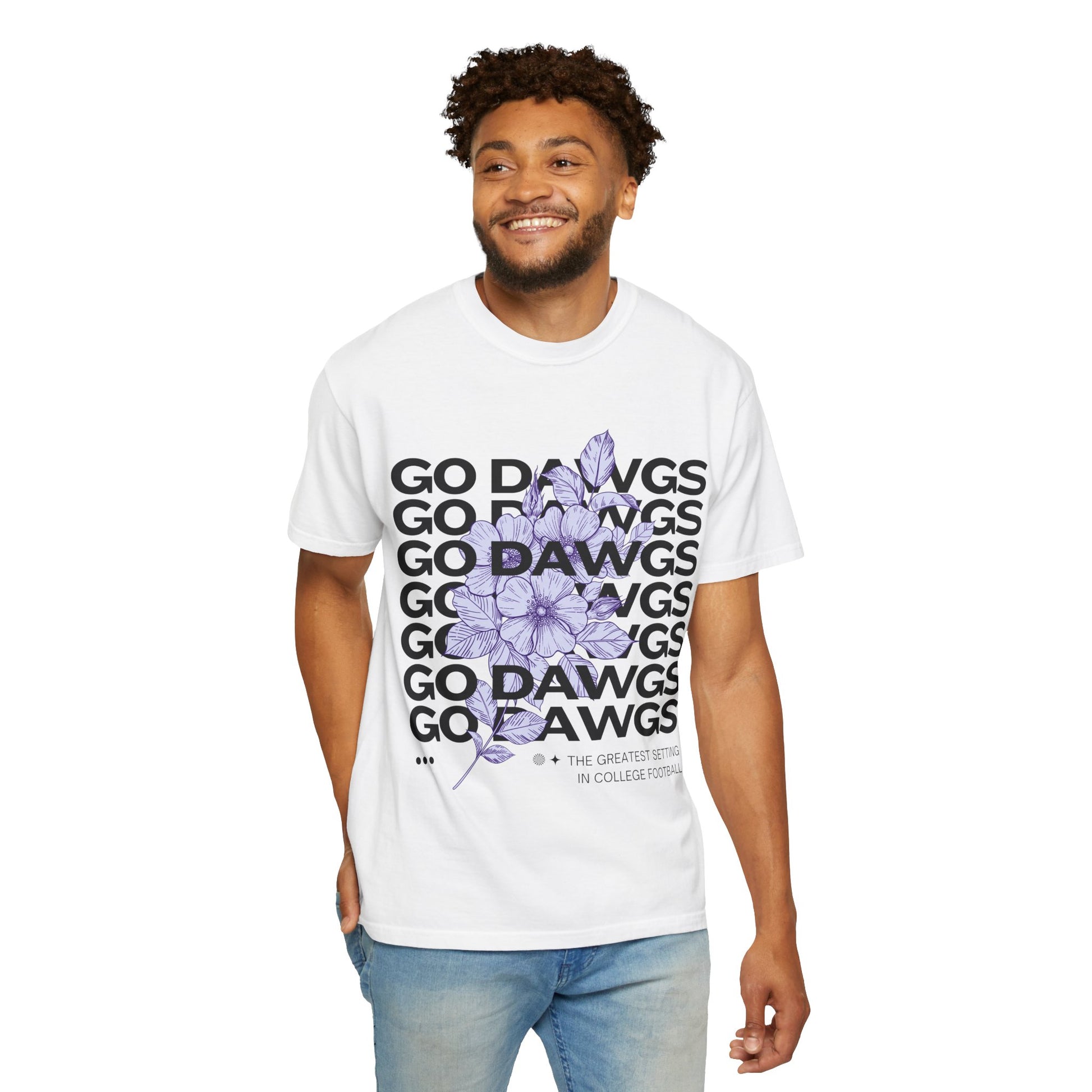 Man wearing a white t-shirt with 'GO DAWGS' text and a purple flower graphic on a white background